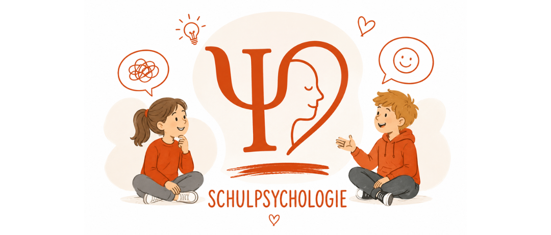 Ein Bild zeigt zwei sitzende Kinder, eins spricht, das andere hört zu. Sie sind von Sprechblasen, Herzen und einer Glühbirne umgeben, mit dem Text 'Schulpsychologie' in der Mitte.