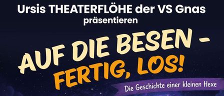 Ein Plakat für eine Kinder-Halloween-Veranstaltung zeigt eine junge Hexe, die auf einem Besen fliegt. Es bewirbt eine Hexengeschichte, die am Abend stattfindet.
