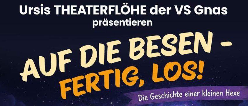 Ein Plakat für eine Kinder-Halloween-Veranstaltung zeigt eine junge Hexe, die auf einem Besen fliegt. Es bewirbt eine Hexengeschichte, die am Abend stattfindet.