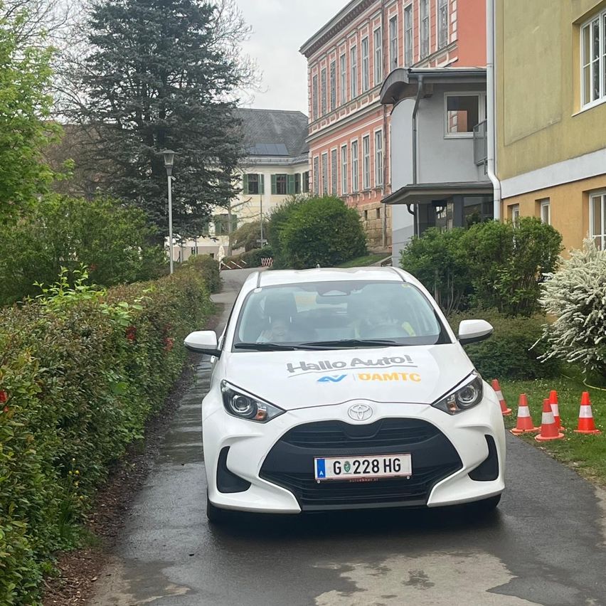 Ein weißer Toyota Yaris mit 'Hallo Auto!' und 'DAMTC' auf der Motorhaube steht auf einer nassen Straße mit Hecken und orangenen Kegel. Im Hintergrund befinden sich Gebäude mit grünen Fensterläden.