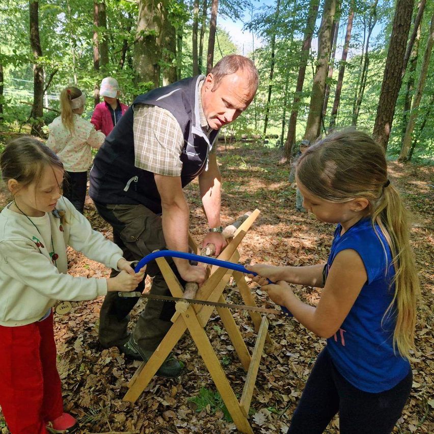 Ein erwachsener Mann, der zwei Mädchen beibringt, wie man mit einer Säge einen Holzstamm im Wald schneidet.