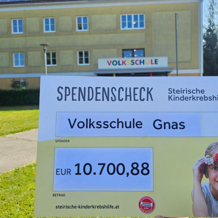 Ein weißer Scheck mit blauen und gelben Akzenten zeigt eine Spende von 10.700,88 Euro an die Volksschule Gnas. Der Scheck steht vor einem Schulgebäude mit einem Schild, das 'Volksschule' besagt.