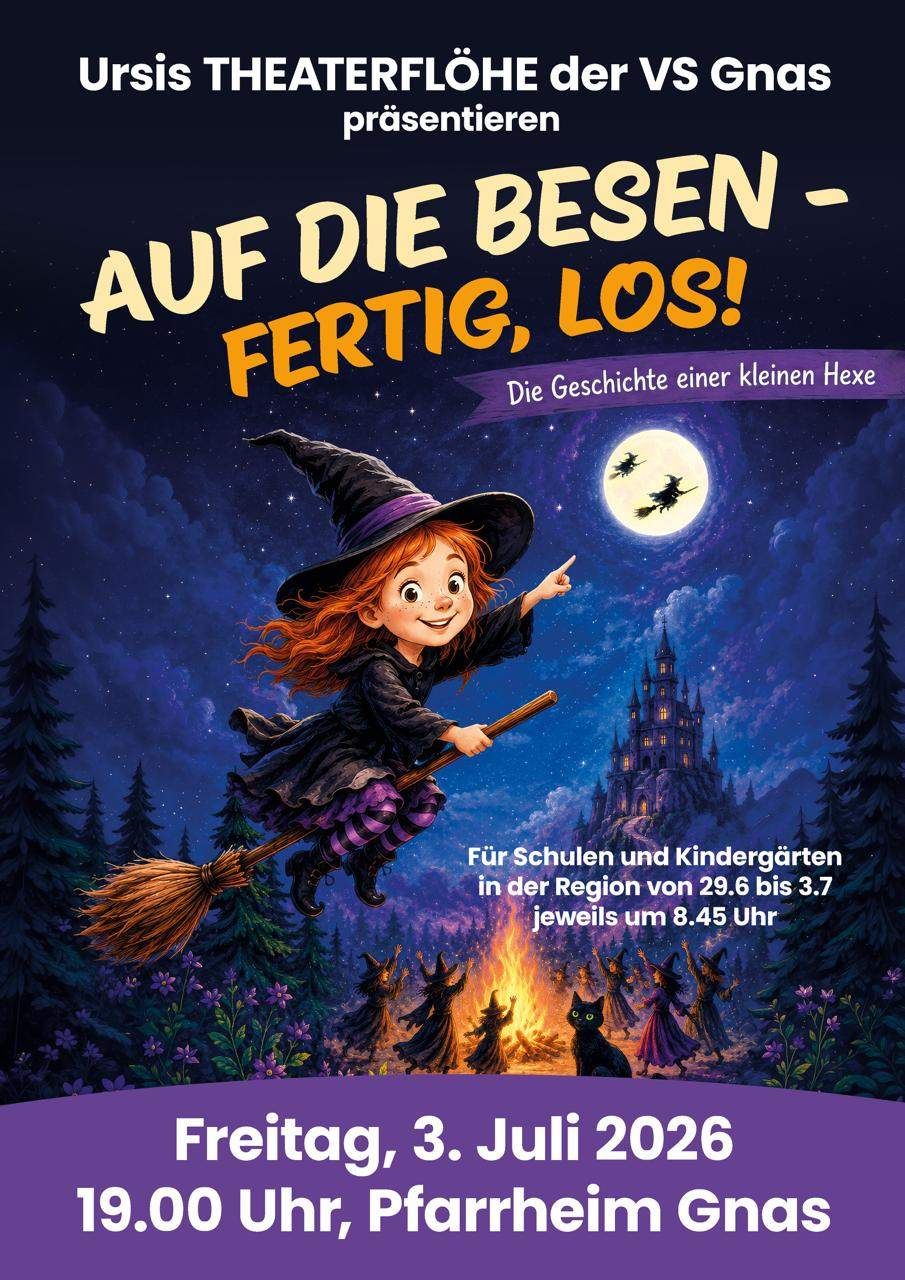Ein Poster für eine Kinder-Halloween-Veranstaltung zeigt eine Hexe, die auf einem Besen fliegt, mit dem Text 'AUF DIE BESEN - FERTIG, LOS!' über ihr.