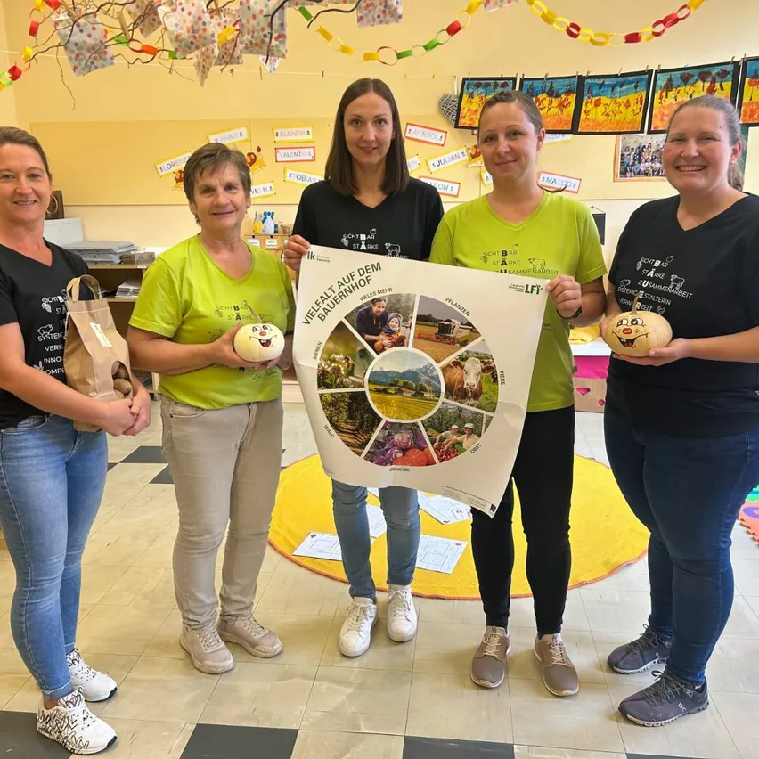 Fünf Frauen stehen in einem Klassenzimmer, lächeln und halten Kürbisse. Eine Frau hält ein Poster mit Bildern eines Bauernhofs und den Worten 'Viel Erfolg auf dem Bauernhof'.