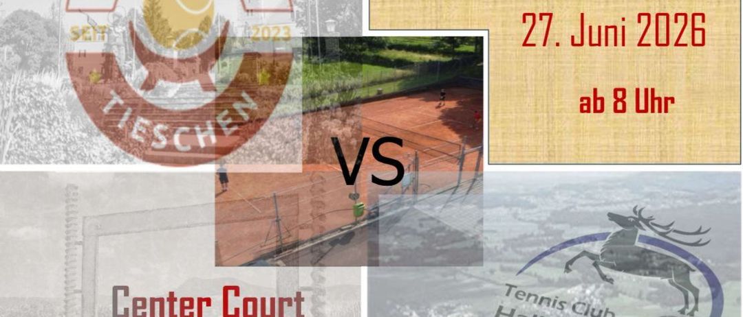 Tennisclub-Event für die 4. Runde am 27. Juni um 20 Uhr mit Tennisplatz und Logo.