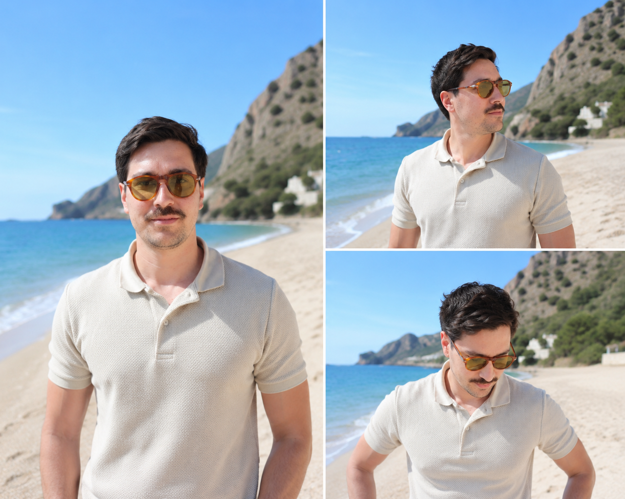 Drei Bilder eines Mannes in einem beigen Poloshirt und Sonnenbrille am Strand.