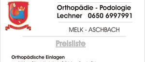 Das Bild enthält eine Preisliste für verschiedene medizinische Dienstleistungen, einschließlich orthopädischer Einlagen, elektronischer Gang- und Haltungsanalyse und podologischer Untersuchung. Jede Dienstleistung beschreibt ihre Leistung und Kosten.