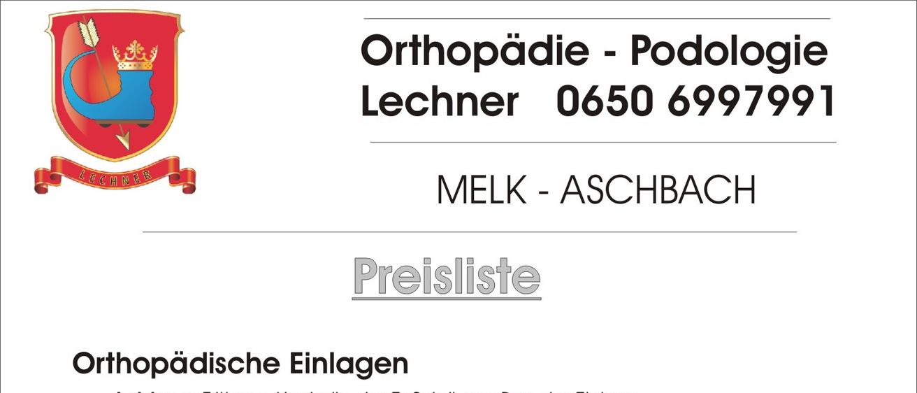 Das Bild enthält eine Preisliste für verschiedene medizinische Dienstleistungen, einschließlich orthopädischer Einlagen, elektronischer Gang- und Haltungsanalyse und podologischer Untersuchung. Jede Dienstleistung beschreibt ihre Leistung und Kosten.