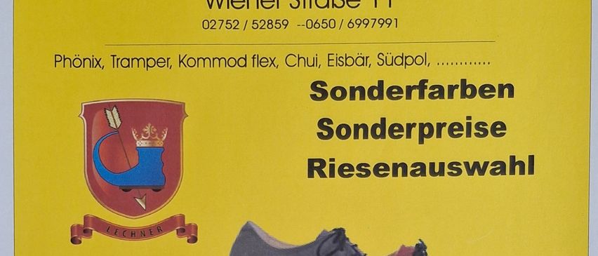 Werbeplakat für Lechner Melk, ein Schuhgeschäft in der Wiener Straße 11, mit Sonderfarben, Preisen und Schuhauswahl. Termine: 12. bis 20. September 2025. Kontakt: 02752/52859 -0650/6997991. Angebote umfassen Podologie, Fußpflege und Fußmassage.