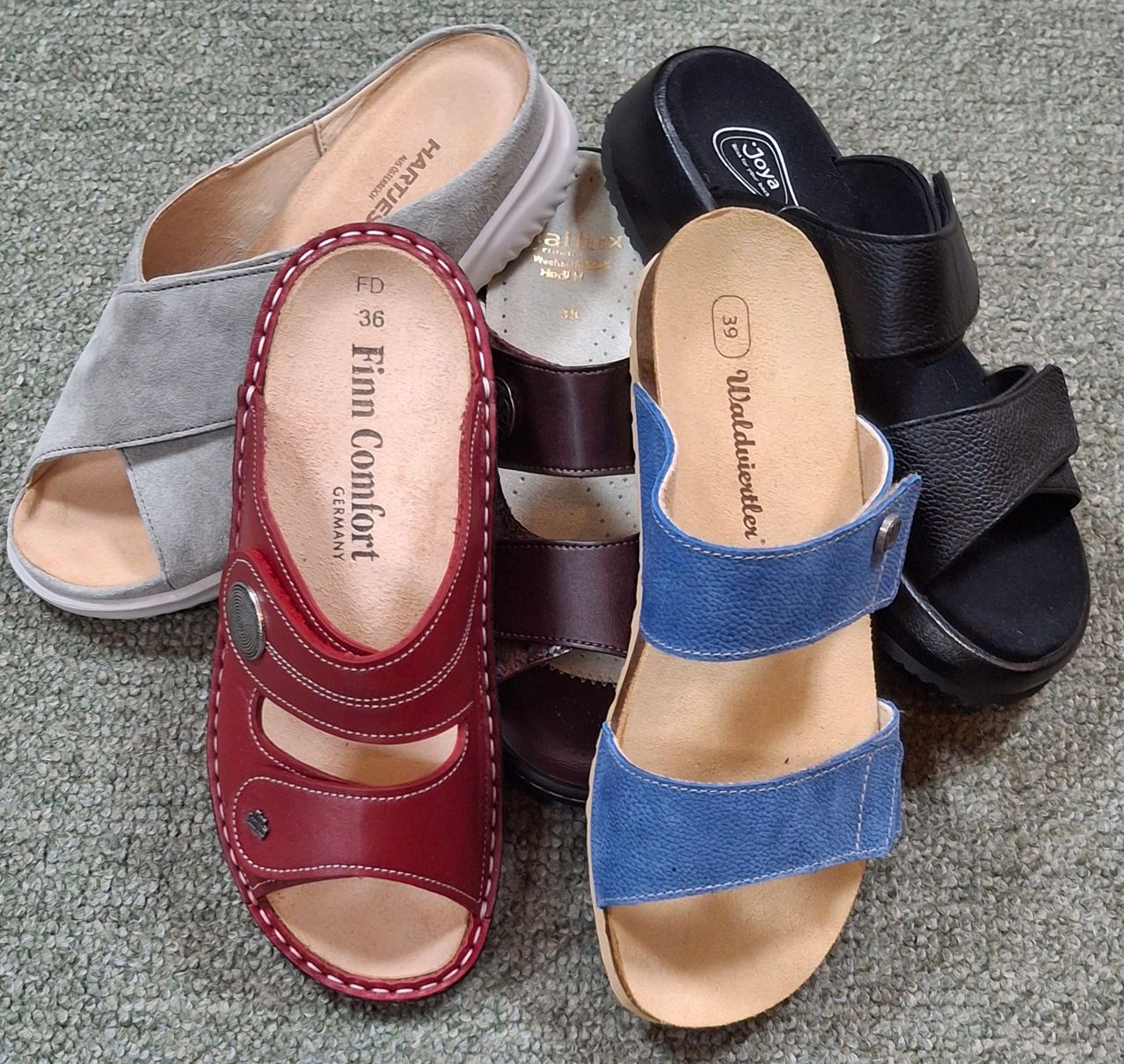 Fünf Paar Sandalen in verschiedenen Farben und Stilen liegen auf einem Teppichboden. Von links: eine graue, eine rote, eine braune, eine schwarze und eine blaue Sandale.