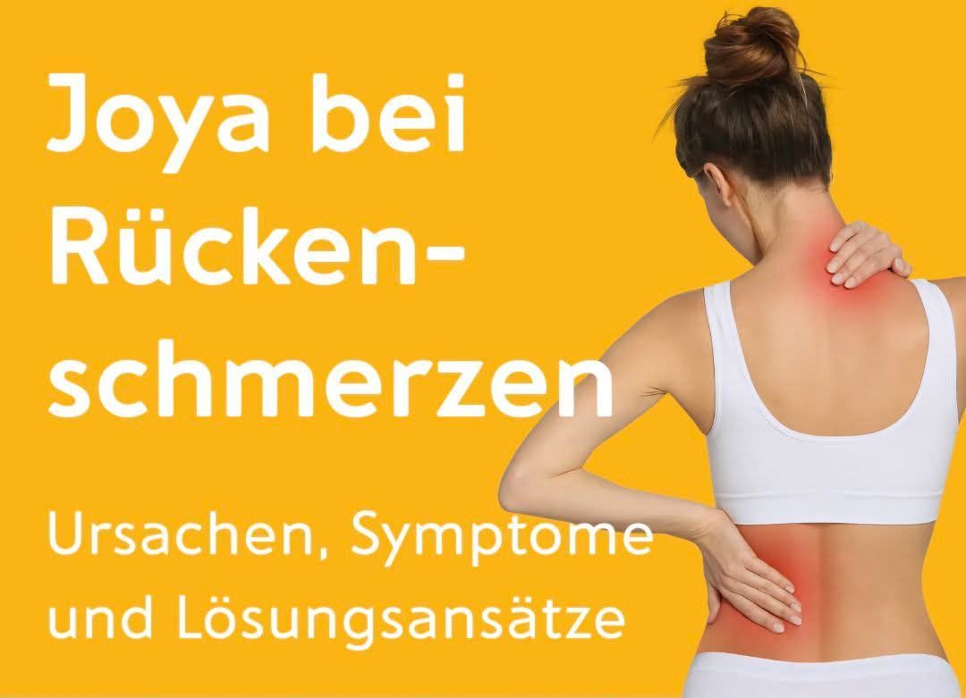 Ein gelber Hintergrund zeigt eine Frau mit Rückenschmerzen. Der Textüberlagerung lautet 'Oya bei Rückenschmerzen,' was darauf hinweist, dass es um Rückenschmerzen geht.