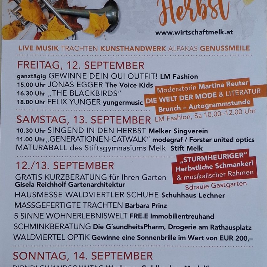Plakat für eine deutsche Veranstaltung mit Live-Musik, Mode und Brunch. Veranstaltungen umfassen Auftritte von Jonas Egger, The Blackbirds und Felix Yunger. Kostenlose Gartenberatung von Gisela Reichhof. Freier Eintritt.