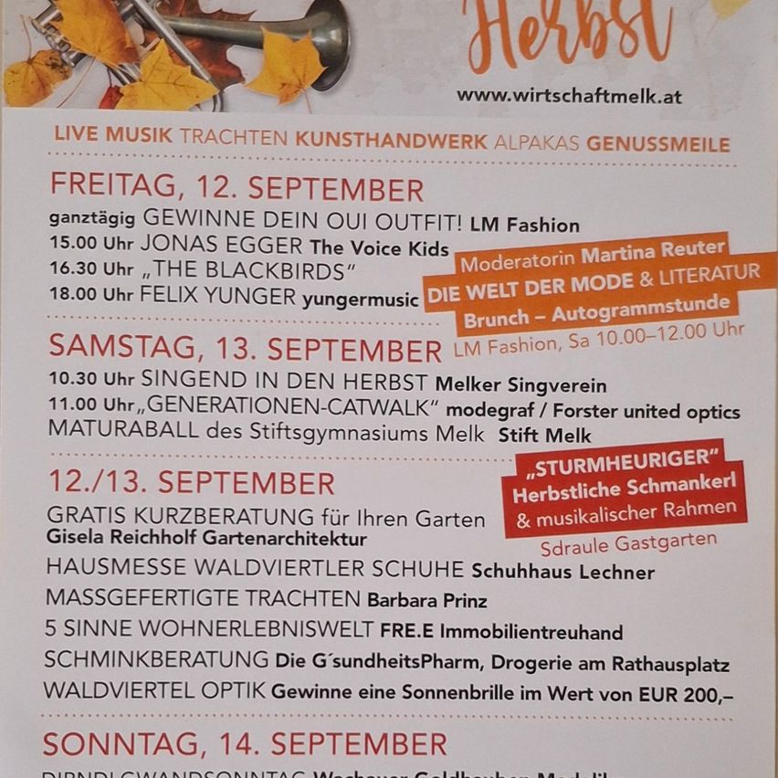Plakat für eine Veranstaltung am 12.-14. September. Bietet Live-Musik, Mode, einen Laufsteg und verschiedene Aktivitäten. Höhepunkte sind Jonas Egger, The Blackbirds und Felix Yunger. Veranstaltungen umfassen kostenlose Modeberatungen, einen Generationen-Catwalk und einen Herbstmarkt mit verschiedenen Händlern.