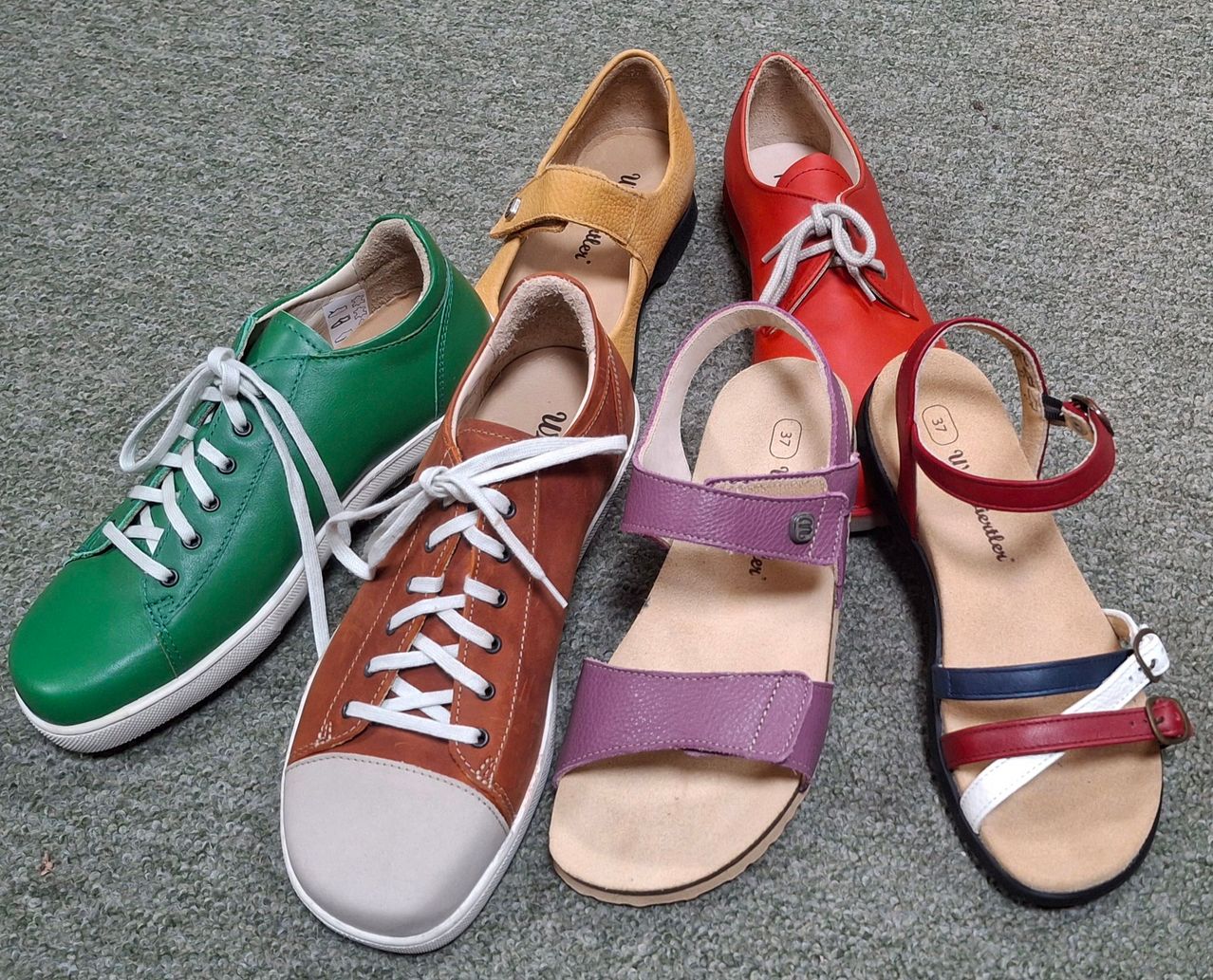 Fünf Paar Schuhe sind auf einem Teppichboden ausgestellt. Dazu gehören ein grüner Schuh, ein brauner Schuh, ein roter Schuh, eine lila Sandale und eine rote und blaue Riemensandale.