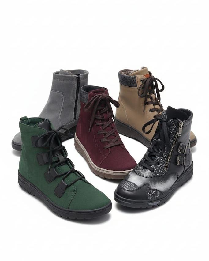 Fünf verschiedene Paare von Stiefeln in verschiedenen Farben werden angezeigt. Von links nach rechts gibt es ein grünes, graues, bordeauxrotes, braunes und schwarzes Paar.