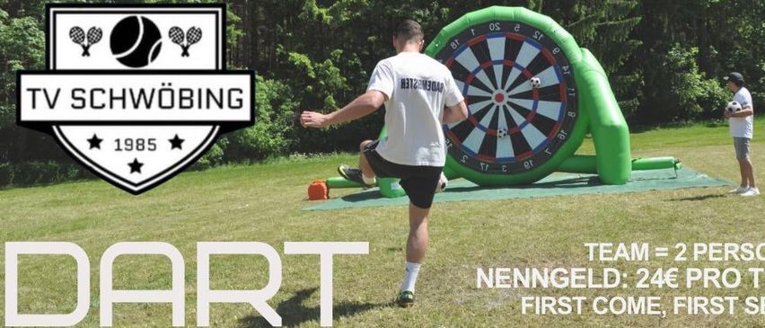 Two activities are featured: dart and soccer. Participants are seen playing soccer and darts. A large inflatable dart board is present. The image also shows a gathering of people.