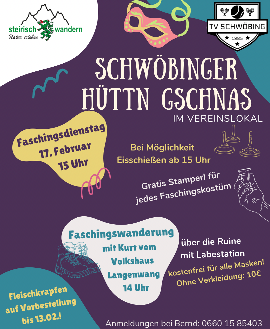 Plakat für das Schwobinger Hutn Gschnas-Event am 17. Februar um 15 Uhr. Beinhaltet einen kostenlosen Stempel für jedes Faschingskostüm, Schuhwanderung mit Maskenstation und freien Eintritt ohne Maske.