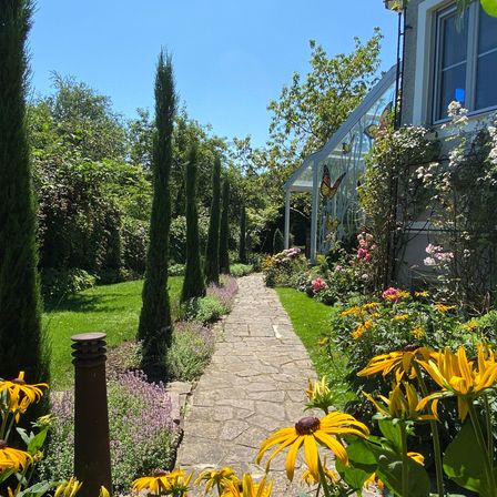 Bild enthält, Path, Walkway, Garden, Nature, Outdoors, Flagstone, Summer, Grass, Backyard, Flower