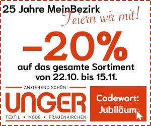 Werbeanzeige von Unger mit 20% Rabatt auf das gesamte Sortiment vom 22.10. bis 15.11. zur Feier von 25 Jahren MeinBezirk. Kategorien umfassen Textilien, Mode und Frauenkirchen. Das Codewort lautet 'Jubiläum'.