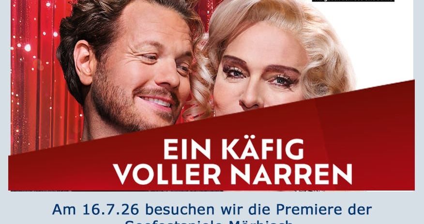 Werbeposter für das Burgenland Seefestspiele. Zeigt einen lächelnden Mann und eine Frau. Tickets für eine Premiere-Veranstaltung am 16.7.26. Restkarten verfügbar.