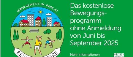 Plakat für Bewegung im Park, ein Bewegungsprogramm ohne Anmeldung von Juni bis September 2025. Kurse an der Mittelschule St. Andrä dienstags von 18:00 bis 19:00 Uhr. Adresse: Burgstall 80, 9433 St. Andrä. Organisiert von Verein: ASKÖ - PVÖ Kämten. Kontakt: Rosi Hobel. Webseite: www.bewegt-im-park.at.