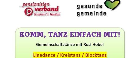 Ein Flyer für Gemeinschaftstänze mit Rosi Hobel. Linedance, Kreistanz und Blocktanz. Jeden Montag von 16-17 Uhr im Haus Elisabeth. Beginn am 29. September 2025.