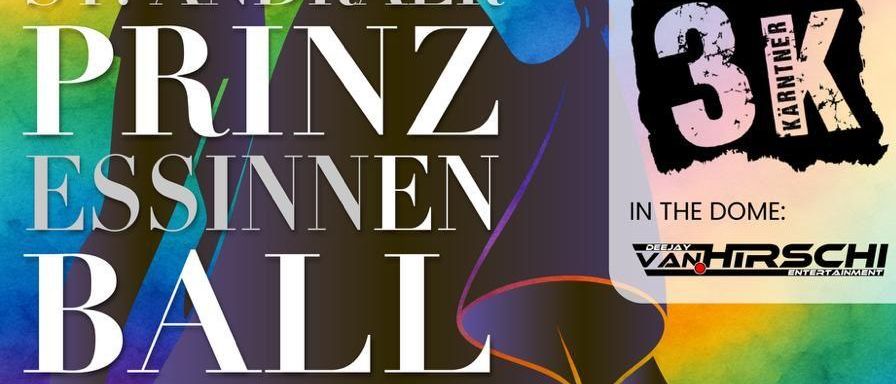 Plakat für den St. Andrew Prinz Essingen Ball, geplant für den 22. November 2025. Es zeigt Silhouetten eines Mannes und einer Frau in elegantem Outfit, buntem Regenbogenhintergrund und Highlights wie Tombola und Mitternachtsfeuerwerk.