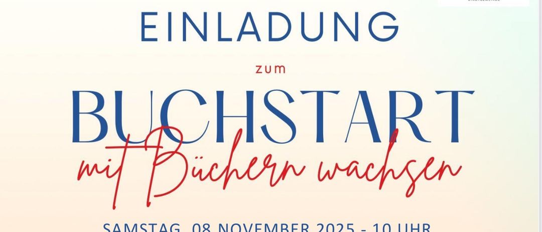 Plakat für die Buchstart-Veranstaltung mit einer Maus, die ein mit Büchern gefülltes Auto fährt, mit Aktivitäten für Kinder von 2-4 Jahren, am 8. November 2025 in der Stadtbibliothek.