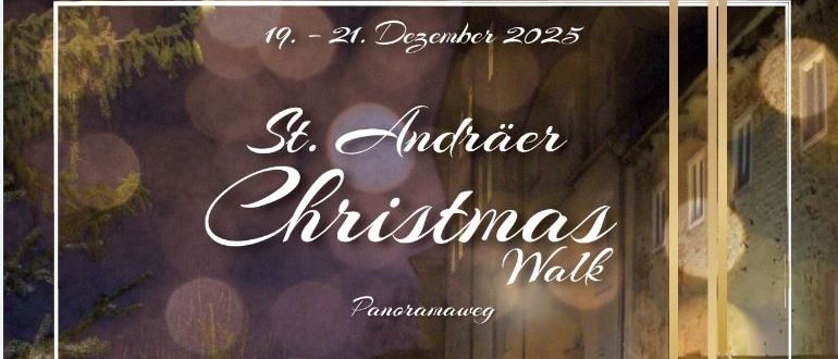 Werbeplakat für den St. Andräer Weihnachtsmarkt. Es zeigt eine Nachtszene mit Menschen, die an Weihnachtsbäumen vorbeigehen. Veranstaltungen beinhalten Live-Musik von Udo Wenders, Tschaikowskys 'Der Nussknacker', Kinderdisco, Kindertheater, Kunsthandwerk und Kulinarik.