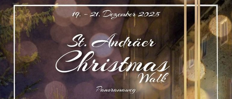 Plakat für den St. Andräer Weihnachtsmarkt, mit Menschen auf einem Weg, geschmückt mit Weihnachtsbäumen, Lichtern und Ornamenten. Geplant vom 19. bis 21. Dezember 2023.
