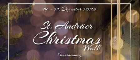 Ein Weihnachtsmarkt-Werbeplakat zeigt eine belebte Straße mit Menschen und Weihnachtsbäumen, einer Live-Aufführung von Udo Wenders und einer Kinderdisco und einem Theater.