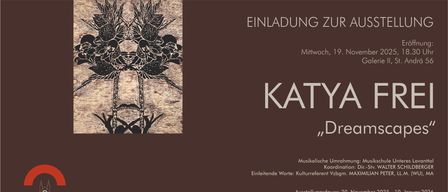 Ein Einladungsposter für Katy mit braunem Hintergrund. Das Poster enthält eine Silhouette von Figuren und Text in weißen und schwarzen Schriften. Der Text lautet 'EINLADUNG Z', 'Mittwoch', 'KATY', 'D' und 'Musikalische U Koo Einleitende Worte: Kulturreferent V'. Das Poster enthält auch das Datum und Kontaktinformationen.