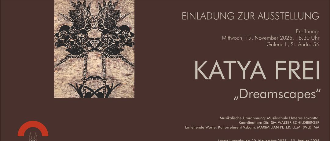 Ein Einladungsposter für Katy mit braunem Hintergrund. Das Poster enthält eine Silhouette von Figuren und Text in weißen und schwarzen Schriften. Der Text lautet 'EINLADUNG Z', 'Mittwoch', 'KATY', 'D' und 'Musikalische U Koo Einleitende Worte: Kulturreferent V'. Das Poster enthält auch das Datum und Kontaktinformationen.