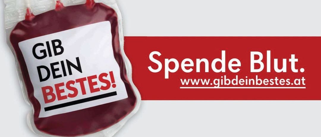 Eine Werbung für eine Blutspende-Veranstaltung am 1. Dezember 2025 in der Volksschule Eiweg, von 15:30 bis 20:00 Uhr. Es zeigt eine Blutbeutel mit der Aufschrift 'Gib Dein Bestes!' und der Website 'www.gibdeinbestes.at'.