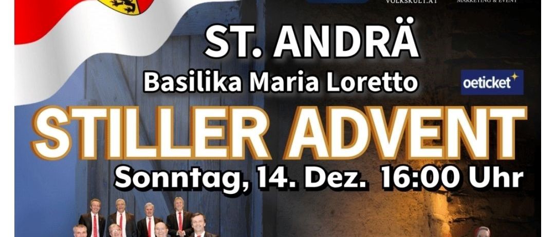 Ein Veranstaltungsposter für einen stillen Advent in der Basilika Maria Loretto. Es zeigt einen Chor, eine Harfenistin und einen Mann mit einem Schild. Die Veranstaltung findet am Sonntag, den 14. Dezember um 16 Uhr statt.