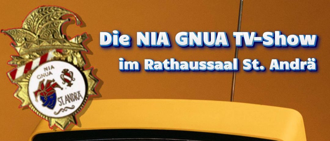 Ein gelber alter Fernseher zeigt einen Zeitplan von Veranstaltungen an. Er zeigt verschiedene Daten und Uhrzeiten für Veranstaltungen, die an Freitagen, Samstagen und Sonntagen stattfinden. Der Bildschirm zeigt auch den Namen 'KIS.T.A' unten an.