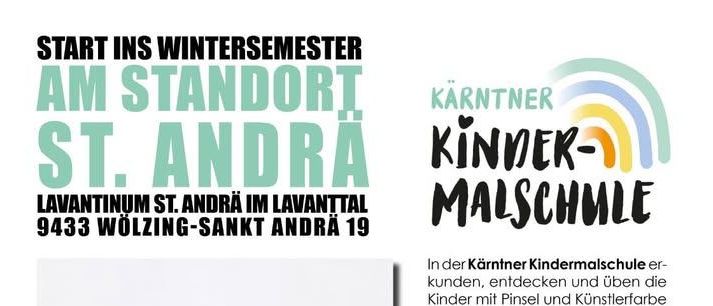 Eine Werbung für die St. Andrä Kindermalschule in Kärnten, Österreich. Es zeigt Kinder beim Malen, mit Details zu Ort, Datum und Gebühren. Das Bild ist farbenfroh und hat einen verspielten Ton.