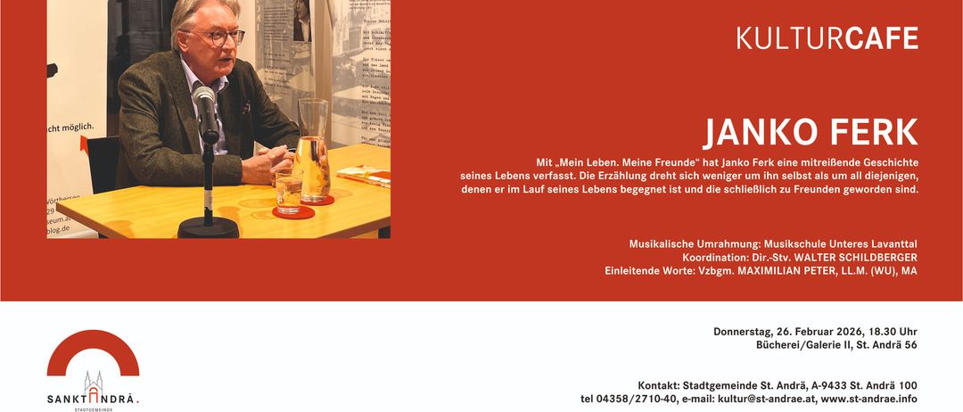 Ein Mann sitzt an einem Tisch mit einem Glas Wasser, umgeben von Büchern und einem roten Hintergrund. Text: 'Mit meinem Leben. Meine Freunde'. Musikalische Koordinaten. Kontakt: Stadt. Tel 04358/2710-40, E-Mail.