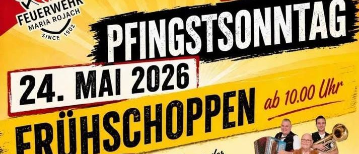 Veranstaltungsplakat für Pfingstsonntag am 24. Mai 2026. Bietet frühes Einkaufen, Open-Air-Veranstaltung und Bandauftritt ab 19:00 Uhr. Der Eintritt ist frei, Shuttle-Service verfügbar.
