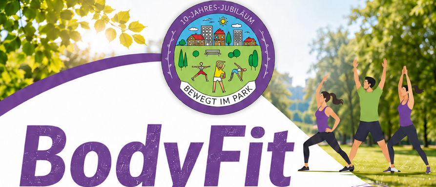 BodyFit-Werbeplakat für Ganzkörpertraining für alle Fitnesslevels. Kostenloses Training vom 16. Juni bis 1. September 2026. Dienstags von 08:00 bis 09:00 Uhr. Ort: Freizeitanlage St. Andräer See. Adresse: St. Jakob 34, 9433 St. Andrä. Trainerin: Bettina. Sportbekleidung tragen und einen Drink mitbringen.