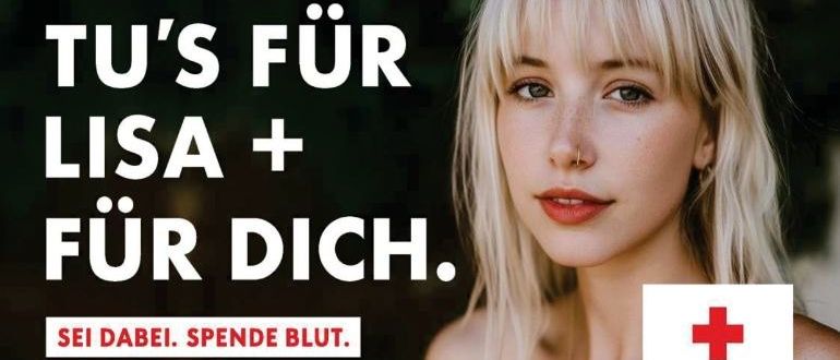 Plakat mit dem Gesicht einer Frau, Botschaft zum Blutspenden, rotes Kreuz Emblem, 'TUs für Lisa + für dich', 'Sei dabei. Spende Blut. Retten Sie Leben.'
