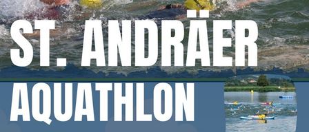 Poster for St. Andräer Aquathlon event, July 3, 2026. Swimmers in yellow helmets, running participants, and scenic backgrounds. Information at www.freizeitanlage.or.at.