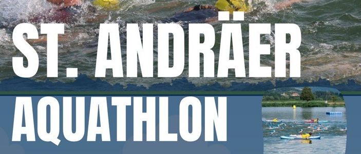 Poster for St. Andräer Aquathlon event, July 3, 2026. Swimmers in yellow helmets, running participants, and scenic backgrounds. Information at www.freizeitanlage.or.at.