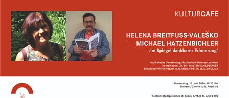 Ein Mann in einer Jeansjacke hält ein Buch mit einem Rosenbild. Helena Breit und Michael H. sind oben abgebildet. Musikalische Koordinaten und einleitende Worte sind unten. Kontaktdaten befinden sich unten.