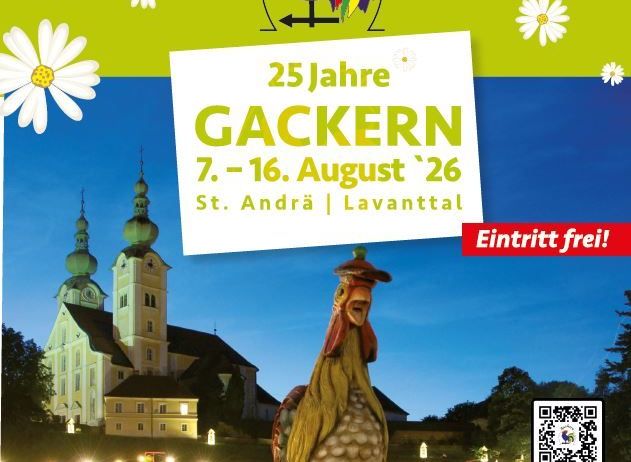 Plakat für das 25. Gackern-Festival in St. Andrä mit einer großen Hahnenstatue, einer Kirche und einer Menschenmenge. Eintritt frei.