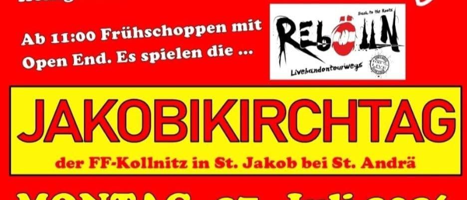 Plakat für das Jakobikirchtag-Event mit der Band Sudsteigerer auf rotem und gelbem Hintergrund, geplant für Montag, 27. Juli 2026.