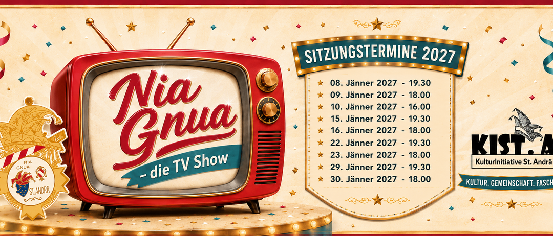 Ein roter Vintage-Fernseher mit den Worten 'Wiena Nua' auf dem Bildschirm, umgeben von einem goldenen Rand und Sternen, mit einer Liste von Terminen auf der rechten Seite.