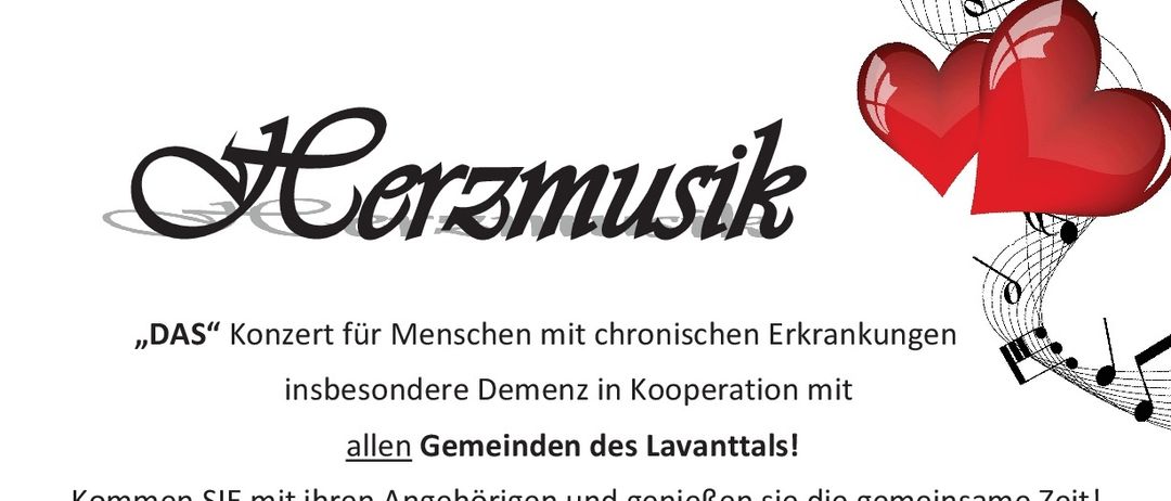 Plakat für ein Konzert für Menschen mit chronischen Erkrankungen, insbesondere Demenz, in Zusammenarbeit mit allen Gemeinden des Lavanttals. Die Veranstaltung ist für den 17. Oktober 2026 um 13:30 Uhr im Rathaus der Stadtgemeinde St. Andrä geplant. Teilnehmende Gruppen sind MG V St. Andrä, Schiener-Stürzenbecher Hausmusik, Bäck Sepp Boys und Stoni Power, wobei Edith Kienzl 'Mundart Gedichte' präsentiert und Alexander mit Harmonika auftritt. Musiknoten und Wappen sind ebenfalls abgebildet. Die Teilnahme ist kostenlos, und Transport kann auf Wunsch organisiert werden.