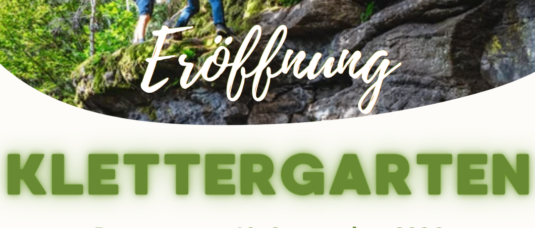Plakat zur Eröffnung des Klettergartens am 10. September 2026 mit Kletterern an einer Felswand.