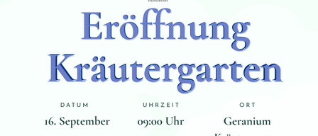 Plakat für einen Kräutergarten-Event am 16. September um 9:00 Uhr in Blaiken. Es zeigt Blumenillustrationen und listet Datum, Uhrzeit, Ort und Organisatoren auf.